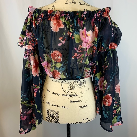 Ups & Downs Tops - Ups & Downs Floral Sheer Bell Sleeve Blouse